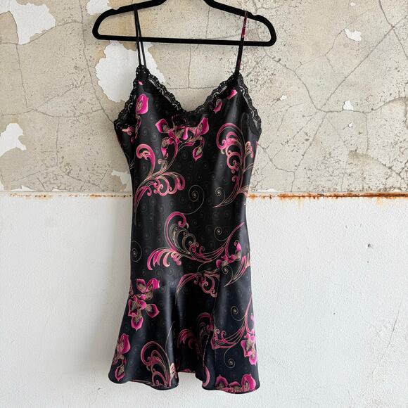 Vtg Delicates Satin Slip Dress + Robe Set Black Pink Baroque Lace Trim 2 Piece M - Picture 2 of 14